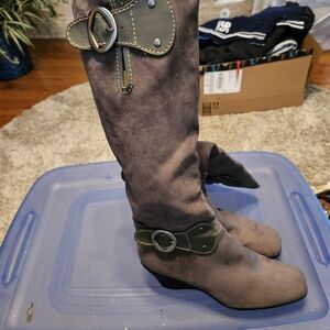Gray Suede Knee-High Boots with Buckle Detail
